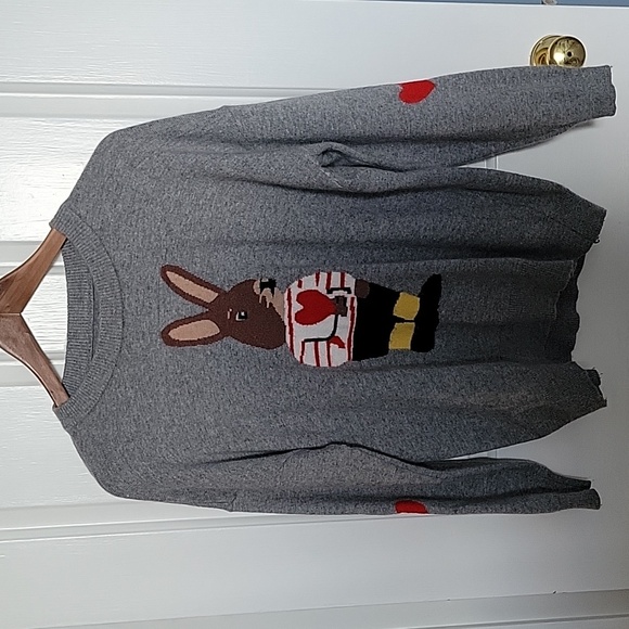 Bunny Sweater in grey, rabbit, hearts on elbows - Picture 2 of 4